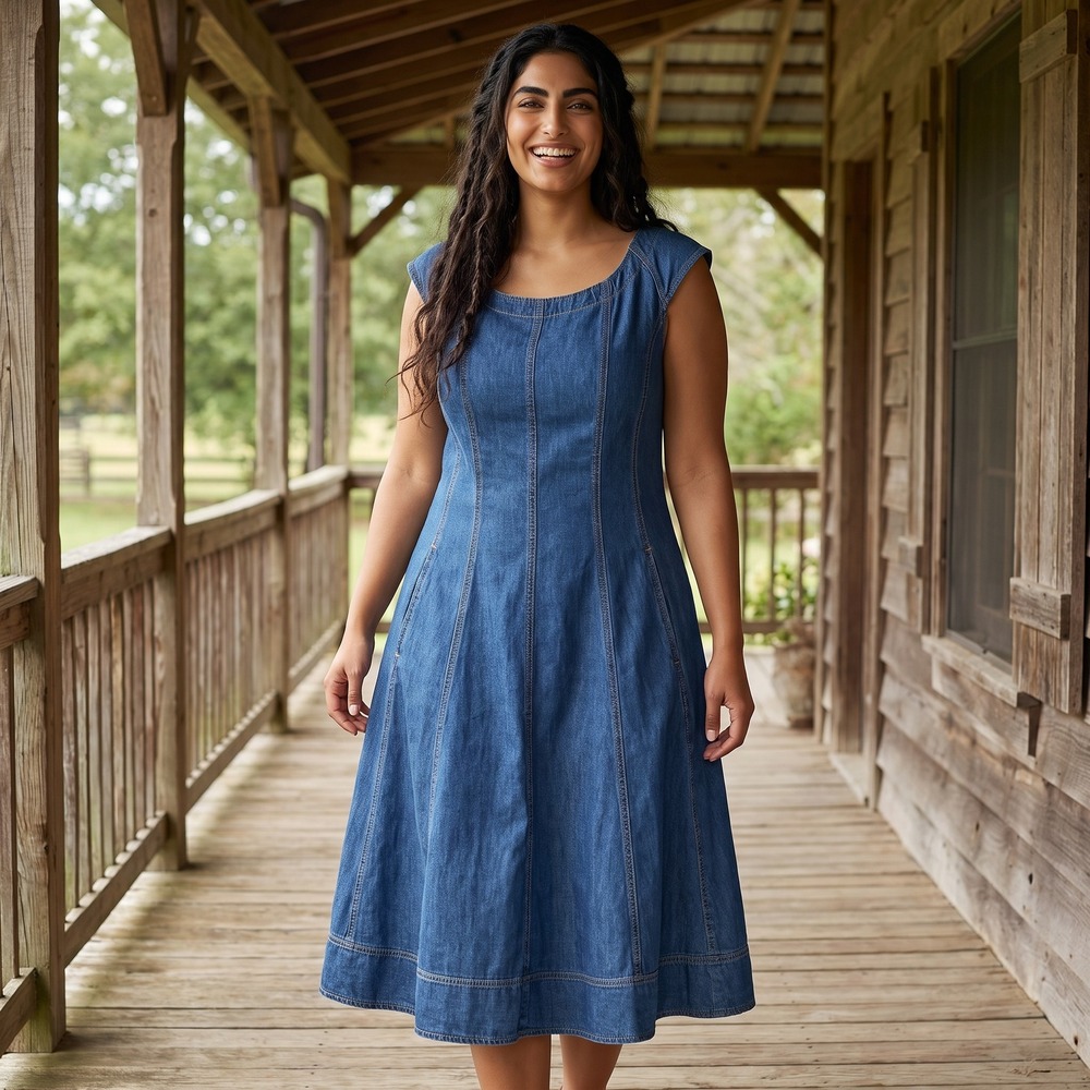 Anthropologie Pilcro Denim Dress Womens 14 Blue Fit & Flare Midi Cottagecore